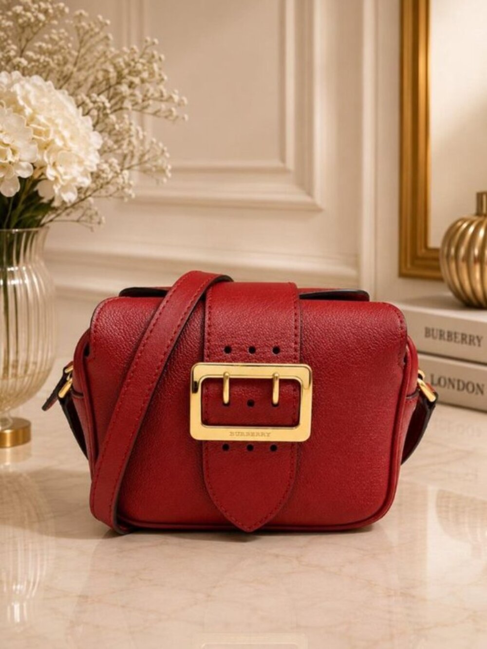 Authentic Burberry Buckle Crossbody Bag Red Leather Shoulder Bag Luxury Cheaper